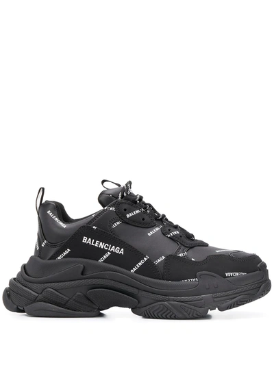 Balenciaga Men's Allover Logo Triple S Sneakers In Black