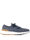 Brunello Cucinelli Mesh Knitted Lace Up Trainers In Blue