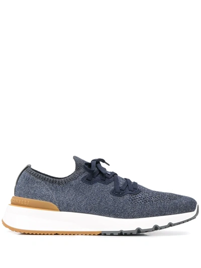 Brunello Cucinelli Mesh Knitted Lace Up Trainers In Blue