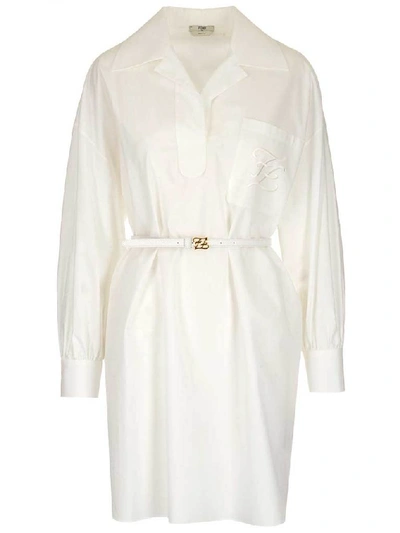 Fendi Ladies Belted Cotton Taffeta Asymmetric Shirt Dress In White