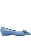 Ferragamo Viva Bow-embellished Leather Point-toe Flats In Chambray