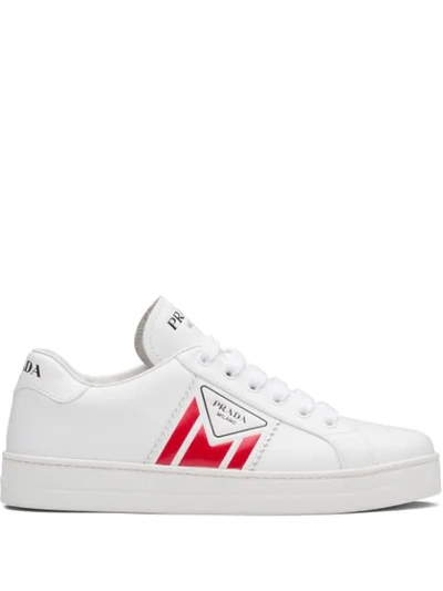 Prada Printed Logo Calf Leather Trainers In White/ Red