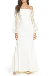 Eliza J Off The Shoulder 3d Floral Sleeve Scuba Crepe Evening Dress In Ivory