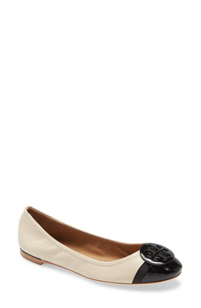 Tory Burch Minni Cap-toe Ballet Flats In Beige Leather In Dulce De Leche / Perfect Black