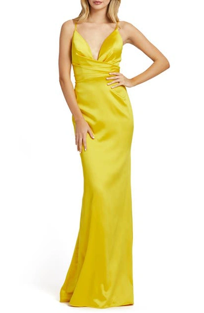 Mac Duggal Faux Wrap Trumpet Gown In Canary