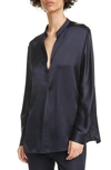 Vince Band Collar Silk Blouse In Navy