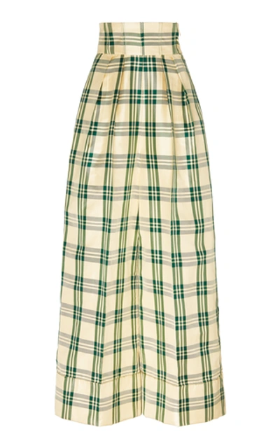 Rosie Assoulin Corset Waist Trousers In Beige Green Plaid In Beige,green