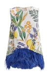 La Doublej La Scala Printed Feather-trimmed Cotton-blend Top In Print