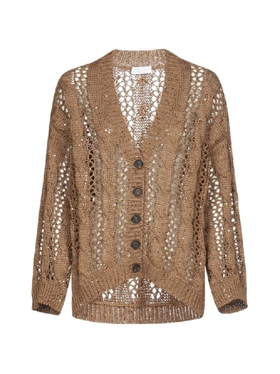 Brunello Cucinelli Sequin-embellished Cable-knit Cotton-blend Cardigan In Light Brown