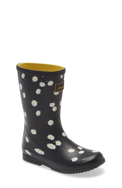 Joules Kids' Roll Up Welly Waterproof Rain Boot In Black Daisy