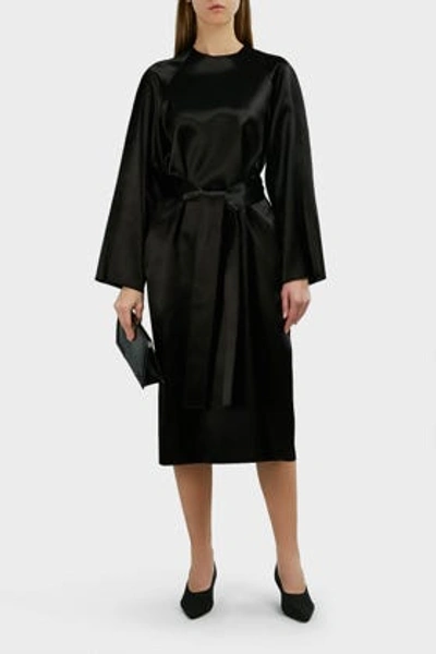 The Row Jia Belted Satin Dress In Black And Navy