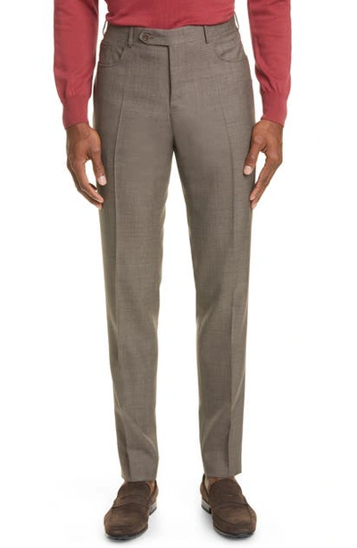 Canali Flat Front Wool Travel Dress Pants In Tan