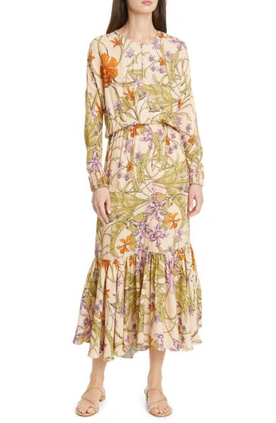 Johanna Ortiz Floral Long Sleeve Maxi Dress In Ecru/ Olive