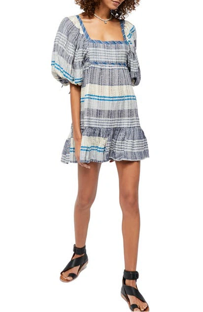 Free People Cozy Striped Puff Sleeve Mini Dress-multi In Indigo Combo