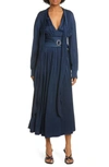 Sies Marjan Belted Crepe Back Satin Long Sleeve Midi Dress In Dark Navy