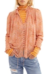 Free People Lela Floral Smocked Ruffle Blouse In Coral Combo