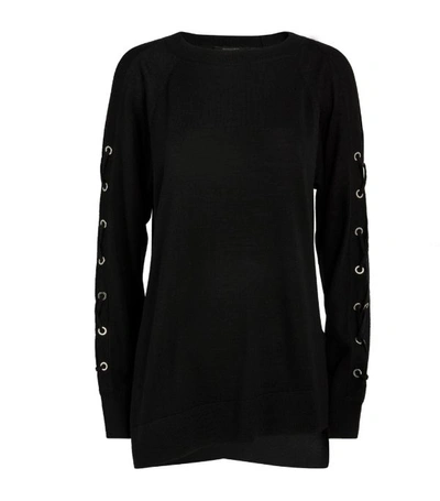 Allsaints Cross Lace-up Sleeve Merino Wool Sweater In Black
