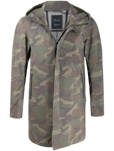 Herno Medium-long Camouflage Jacket With Hood In Green