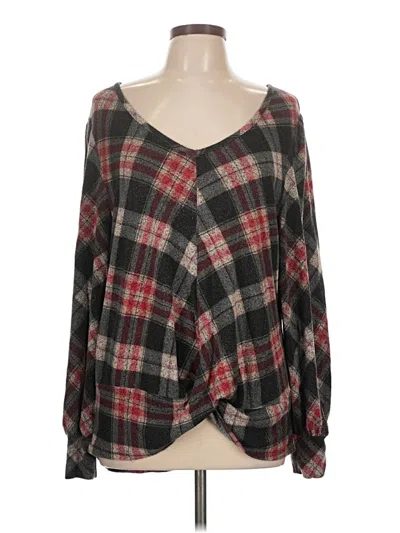 Pre-owned 24/7 Maurices Long Sleeve Top Black Plaid Pattern Plunge Neckline Tops