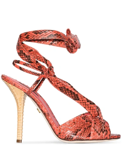 Dolce & Gabbana Tie-detailed Snake-effect Leather Sandals In Pink