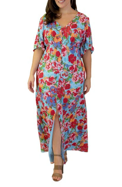 Maree Pour Toi Plus Size Floral-print Peasant Maxi Dress In Blue Red