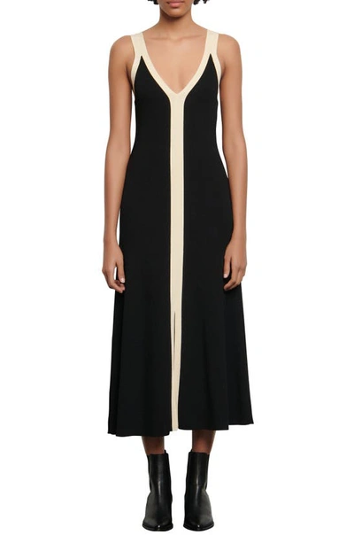 Sandro Naten Contrast-trim Knitted Midi Dress In Black