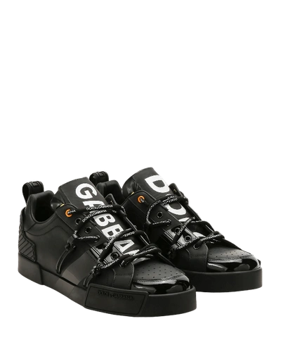 Dolce & Gabbana Portofino Leather And Patent Leather Sneakers In Black/white