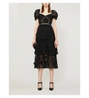 SELF-PORTRAIT Puffed-sleeve tiered 3D floral-lace midi dress