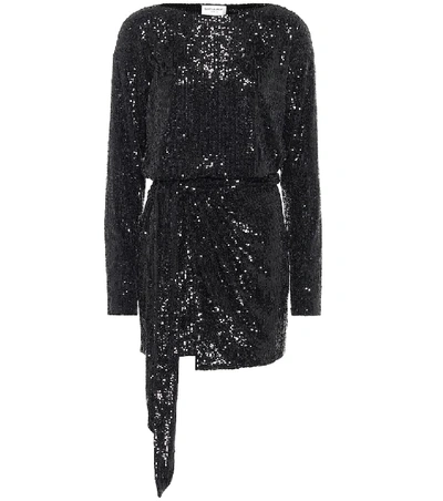 Saint Laurent Sequined Draped Mini Dress In Black