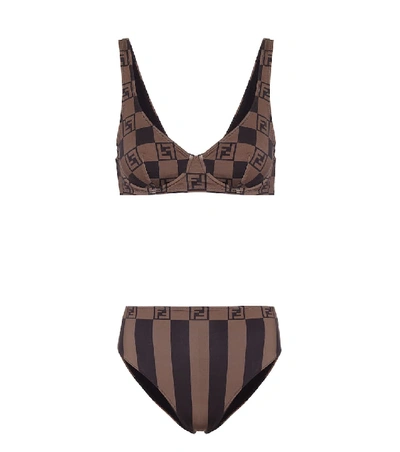 Fendi Check Ff Logo Two-piece Swimsuit In Tobacco/ Moro