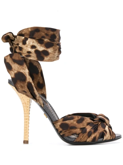 Dolce & Gabbana Leopard Print Tie Fastening Sandals In Brown
