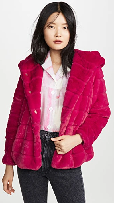Apparis Goldie Hooded Faux Fur Coat In Hot Pink