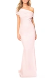 Katie May Hannah Off The Shoulder Crepe Trumpet Gown In Blush