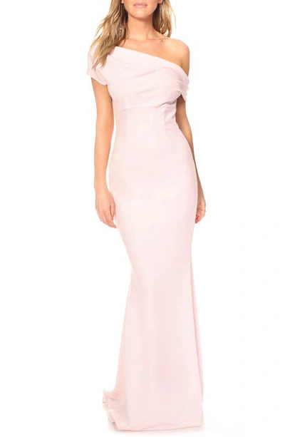Katie May Hannah Off The Shoulder Crepe Trumpet Gown In Blush
