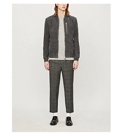 Allsaints Kemble Suede Zipped Bomber Jacket In Slate Grey