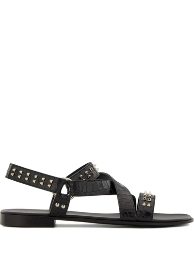 Giuseppe Zanotti Men's Studded Croc-embossed Leather Strap Sandals In Black