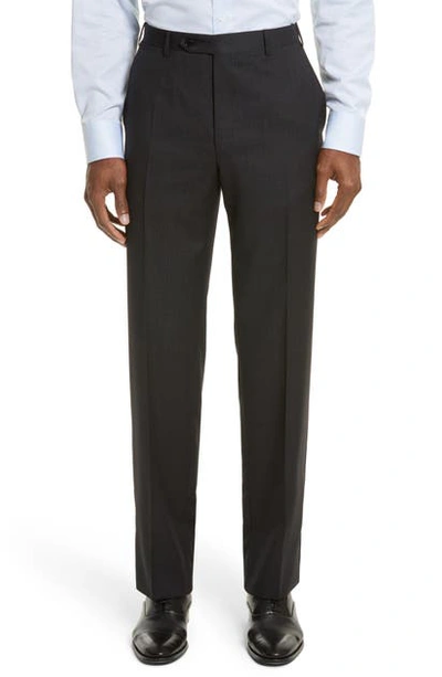 Canali Flat Front Stripe Wool Trousers In Grey