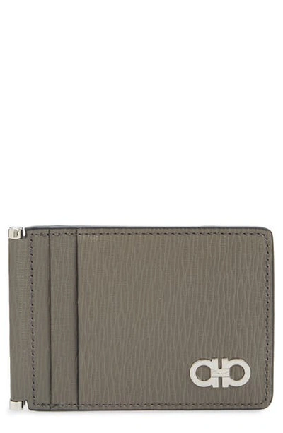 Ferragamo Revival Leather Folding Card Case In Cement / Petrol