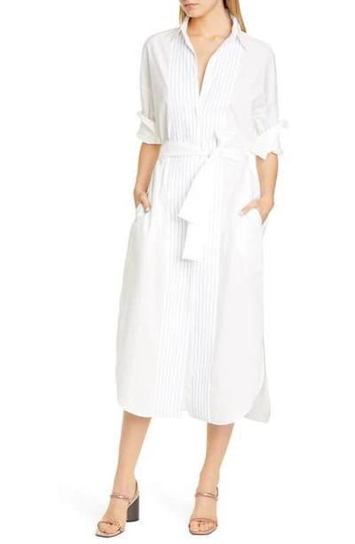 Brunello Cucinelli Belted Bead-embellished Cotton-poplin Midi Shirt Dress In White
