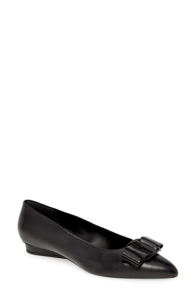 Ferragamo Zeri Bow-embellished Leather Point-toe Flats In Black