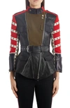 ALEXANDER MCQUEEN LOGO STRIPE MIXED MEDIA PEPLUM MOTO JACKET,610863Q5AC9