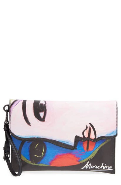 Moschino Face Print Leather Clutch In Fantasy Print Black