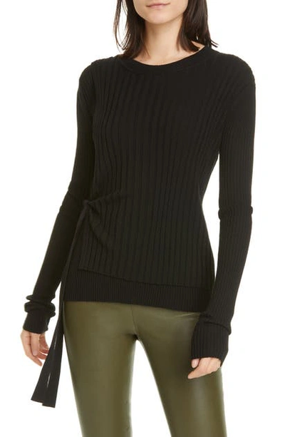 Helmut Lang Ribbed Side Tie Wool Sweater In Black