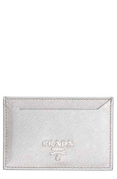 Prada Saffiano Leather Card Case In Cromo