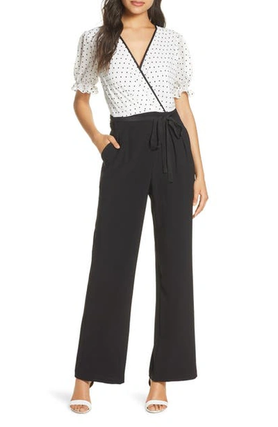 Donna Ricco Wrap Front Short Sleeve Jumpsuit In Black/ Ivory
