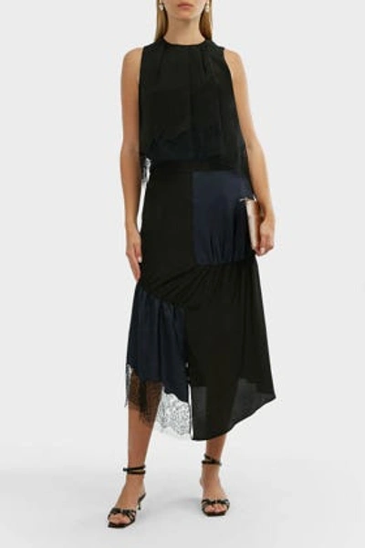 Tibi Layered Lace-trimmed Satin-twill And Crepe De Chine Top In Midnight Blue