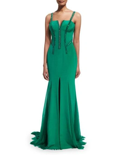 Versace Sleeveless Silk Cady Gown W/georgette Train, Emerald