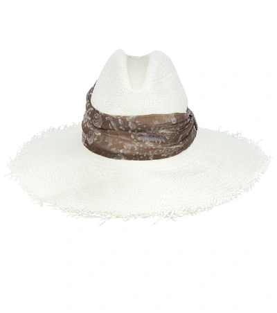 Brunello Cucinelli Silk Scarf-wrapped Straw Hat In White