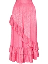 Batsheva Diagonal Ruffle Midi Skirt In Pink