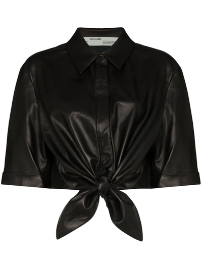 Off-white Leather Spread Collar Front Tie Shirt In Black
